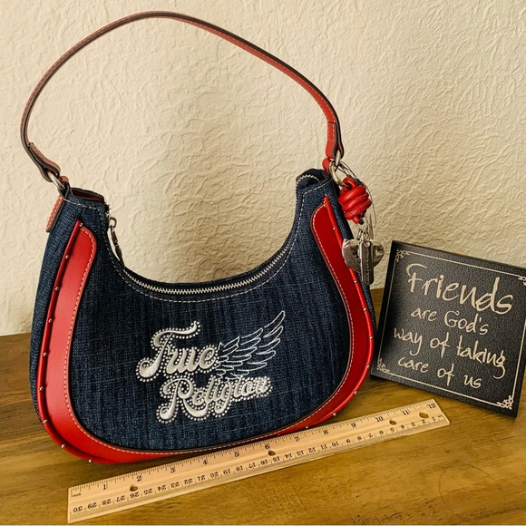 True Religion Handbags - True Religion Denim Shoulder Bag with Red Trim